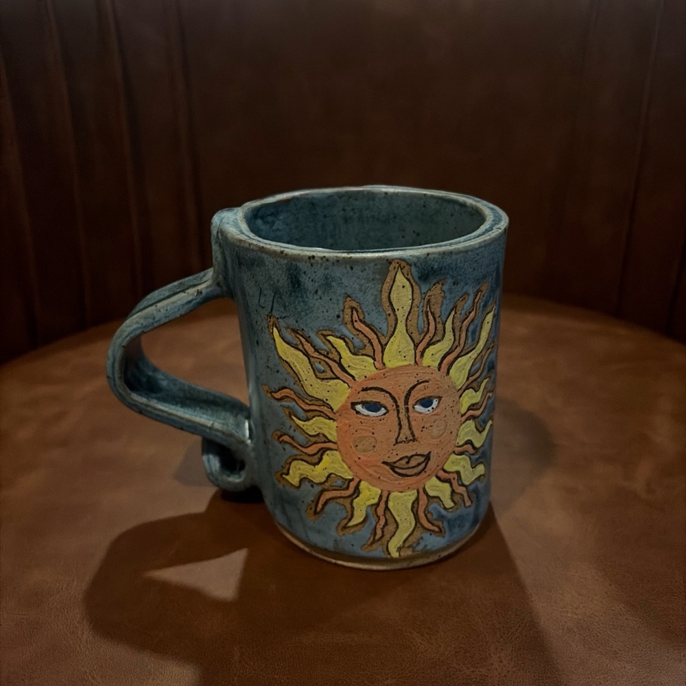 Hand made Pottery Coffee Mug Celestial Blue happy face Sun Heavy boho Artist